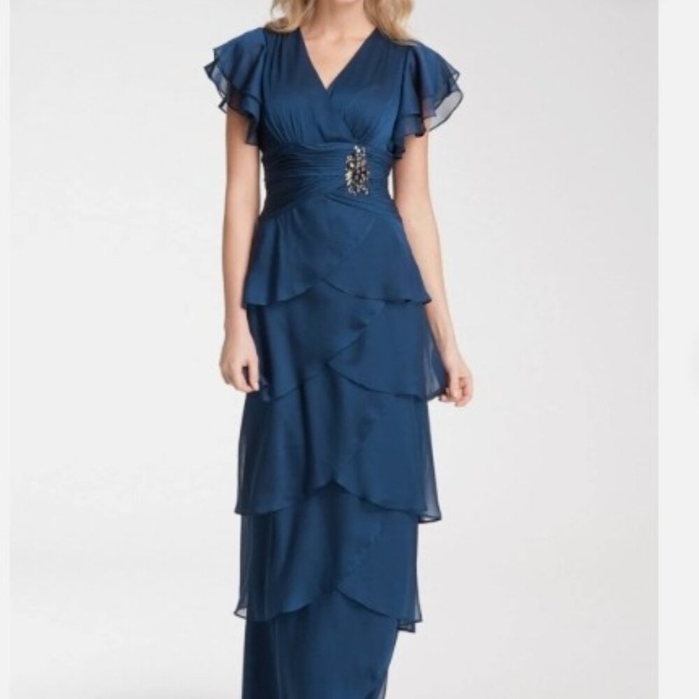 Adrianna Papell Navy Flutter Sleeve Tier Gown - Size 6 - Picture 3 of 16